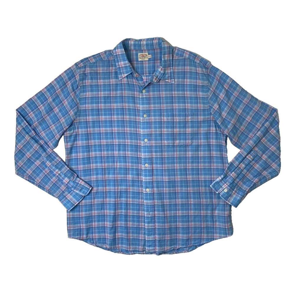 Faherty Shirt Mens XL Extra Large Cotton Linen Blend Plaid Button Up Long Sleeve